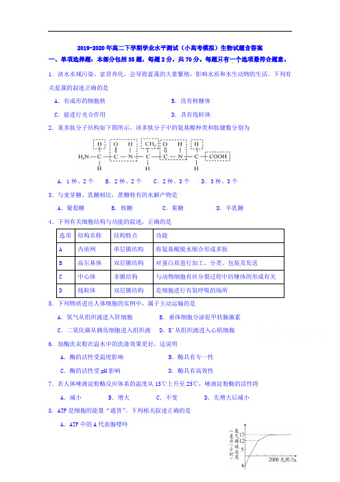 2019-2020年高二下学期学业水平测试(小高考模拟)生物试题含答案