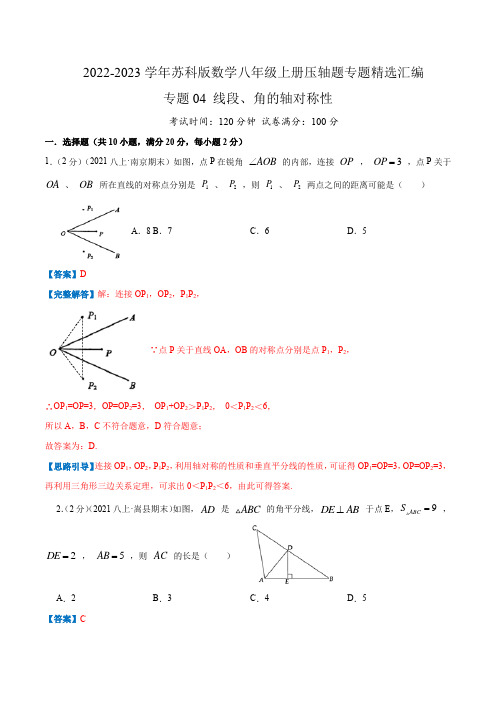 2022-2023学年江苏八年级数学上学期压轴题精练专题04 线段、角的轴对称性(解析版)