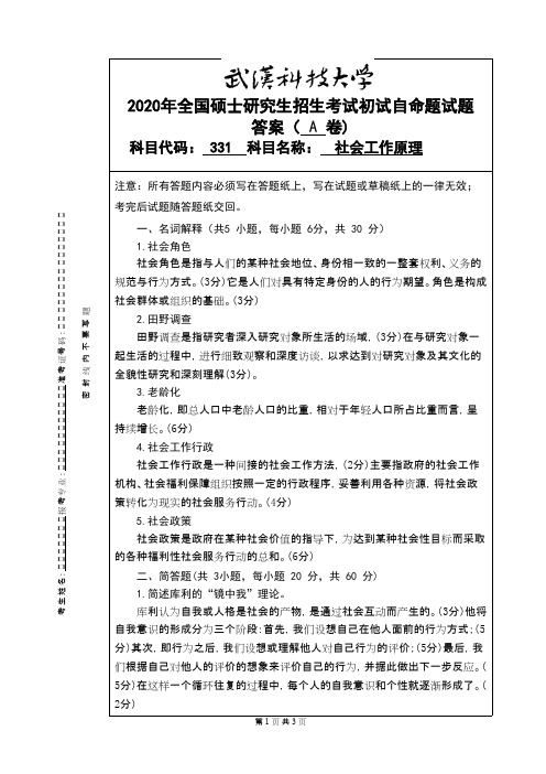 武汉科技大学331社会工作原理2020A卷 答案考研真题