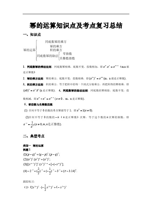 幂的运算知识点及考点复习总结