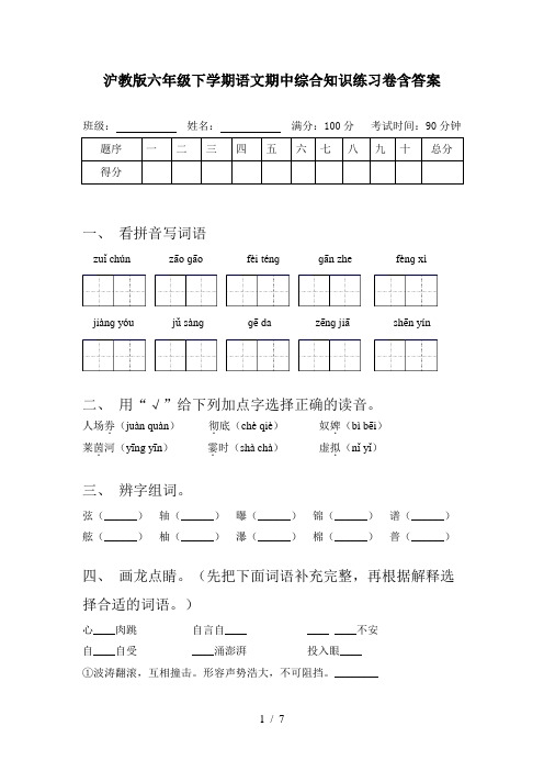 沪教版六年级下学期语文期中综合知识练习卷含答案