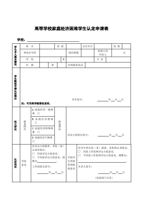 贫困生认定申请表