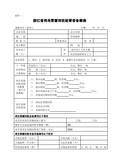 浙江省再生资源回收经营者备案表