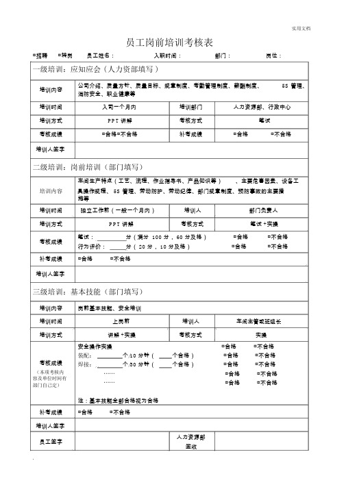 员工岗前培训考核表