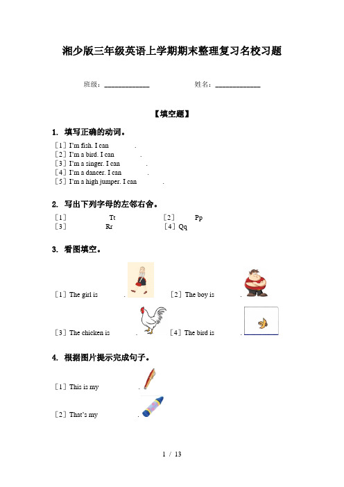 湘少版三年级英语上学期期末整理复习名校习题