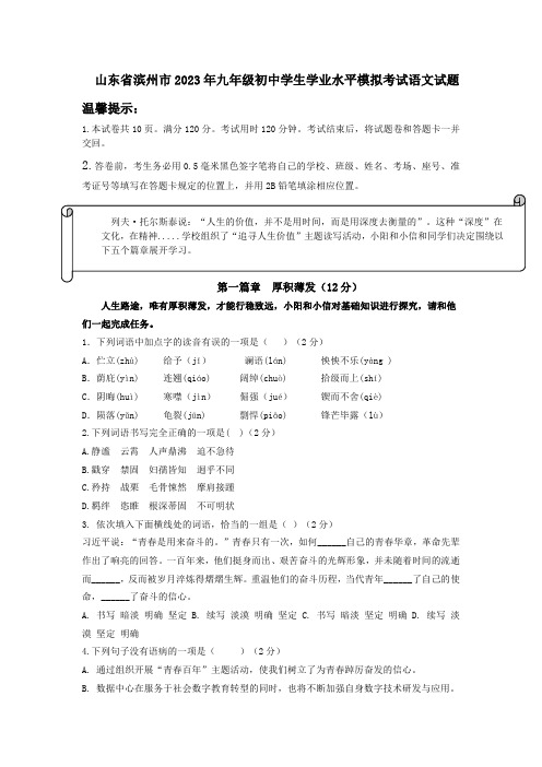 2023年山东省滨州市初中学生学业水平模拟考试语文试题(含答案)