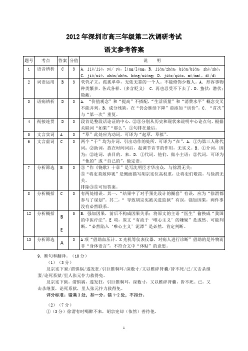 2012年深圳市高三年级第二次调研考试(语文答案)