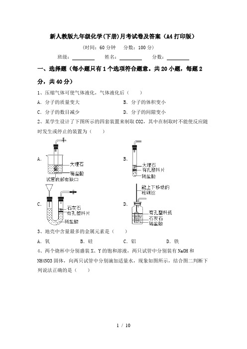 新人教版九年级化学(下册)月考试卷及答案(A4打印版)