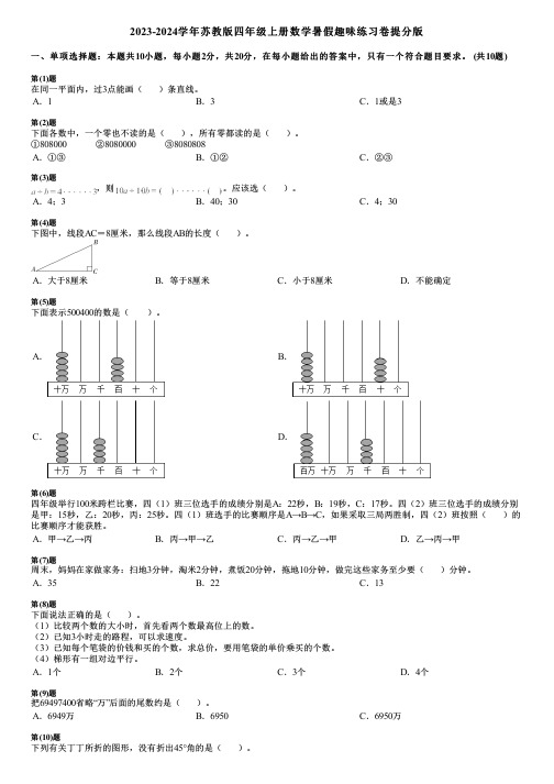 2023-2024学年苏教版四年级上册数学寒假趣味练习卷提分版