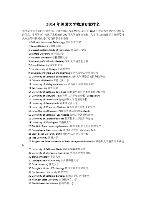 2014年美国大学物理专业排名