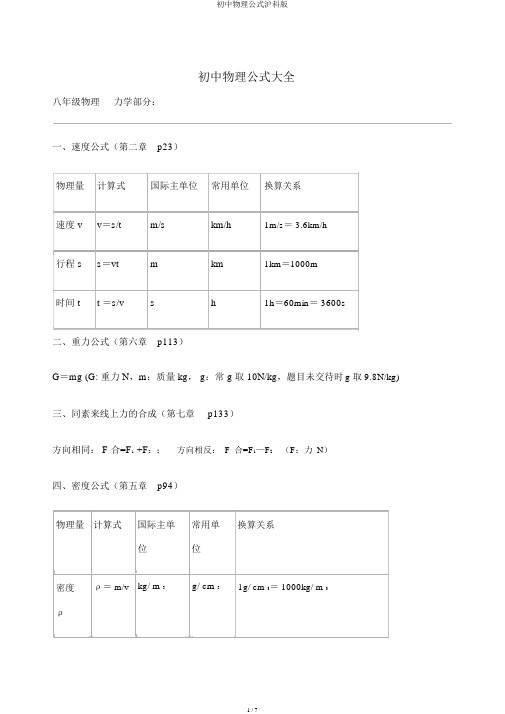 初中物理公式沪科版