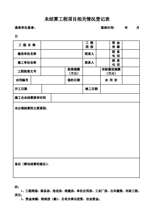 未结算工程项目相关情况登记表