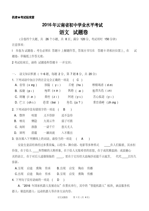 云南省2016年中考语文试卷及答案(word版)