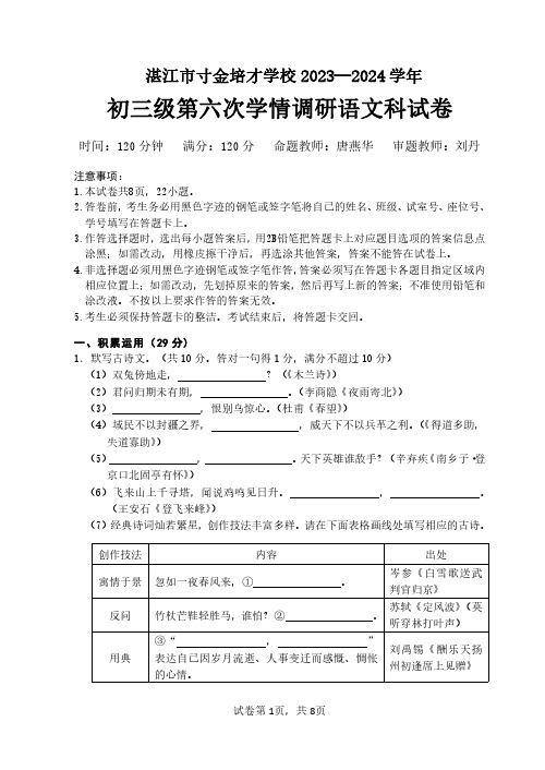 广东省湛江市寸金培才学校2023-2024学年九年级下学期第六次学情调研语文试题(含答案)