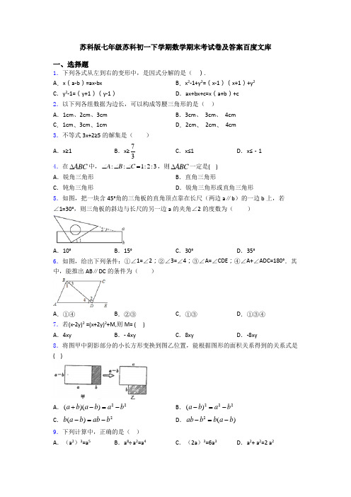 苏科版七年级苏科初一下学期数学期末考试卷及答案百度文库