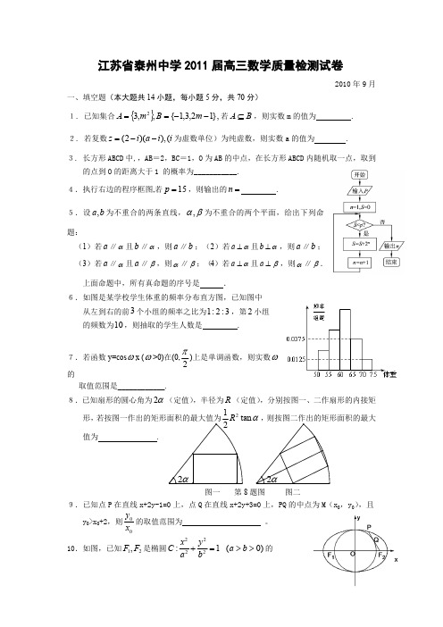 江苏省泰州中学2011届高三数学质量检测试卷