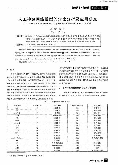 人工神经网络模型的对比分析及应用研究