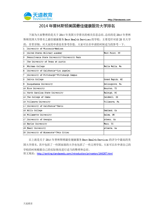 【天道独家】2014年普林斯顿美国最佳健康服务大学排名