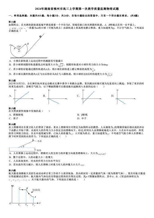 2024年湖南省郴州市高三上学期第一次教学质量监测物理试题