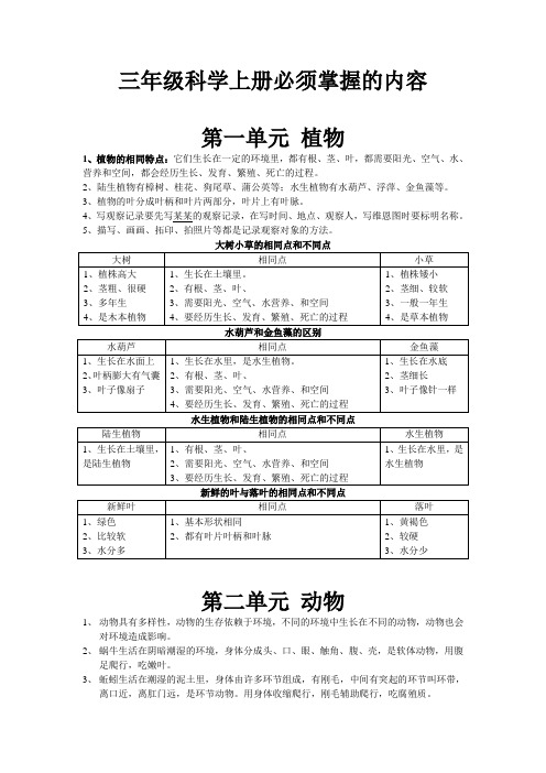 三年级科学上册复习提纲