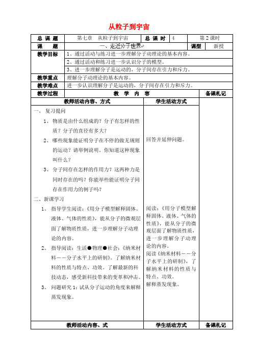 江苏省太仓市第二中学八年级物理下册 7.1 走近分子世界教案2 苏科版