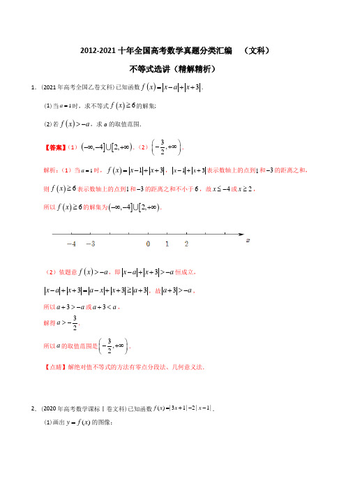 2012-2021十年全国高考数学真题分类汇编(文科) 不等式选讲(精解精析)