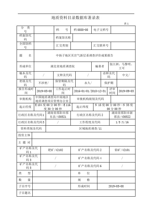 地质资料目录数据库著录表