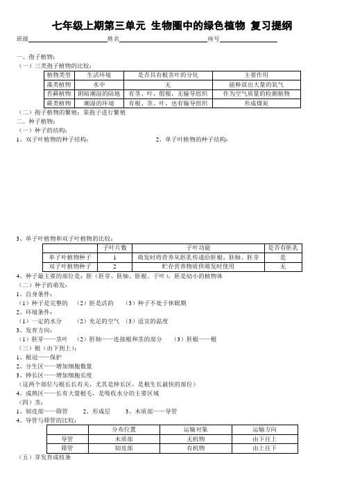 福建省福州第三十六中学七年级生物上册第三单元《生物圈中的绿色植物》复习提纲