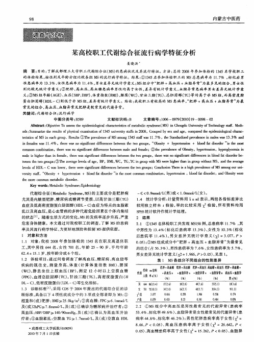 某高校职工代谢综合征流行病学特征分析