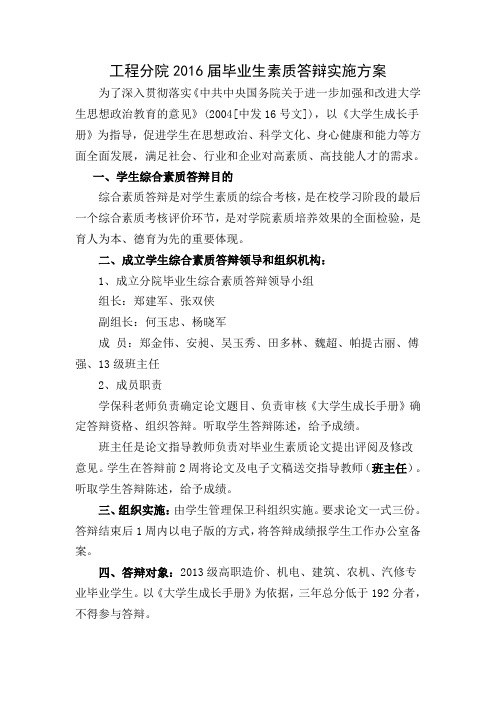 工程分院2016届毕业生素质答辩实施方案