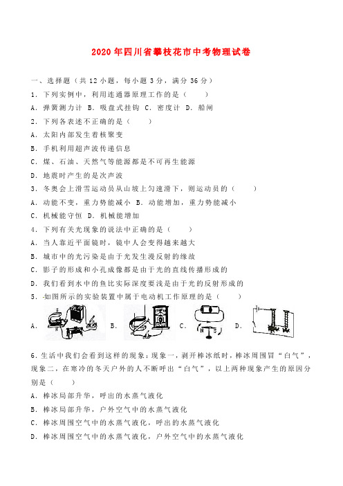 四川省攀枝花市2020年中考物理真题试题(含解析)