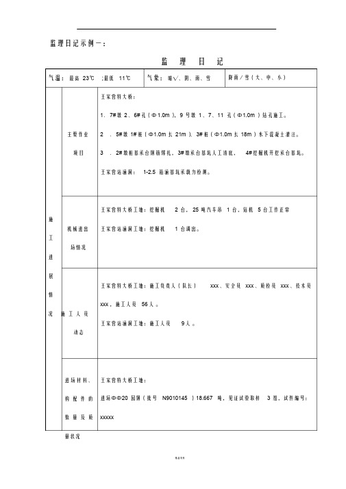 监理施工日志填写示例