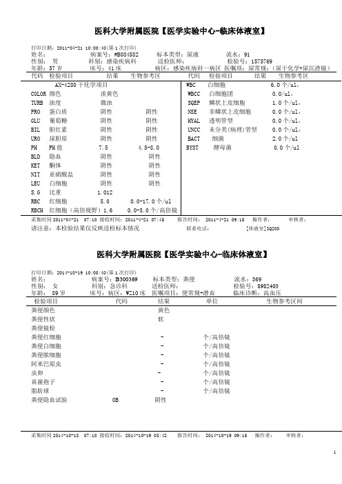 血 尿 便实验检查模板(医学实验中心 临床体液室)