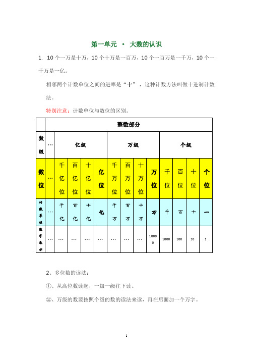 广州人教版小学四年级数学上册第一单元(大数的认识)知识点 测试题.