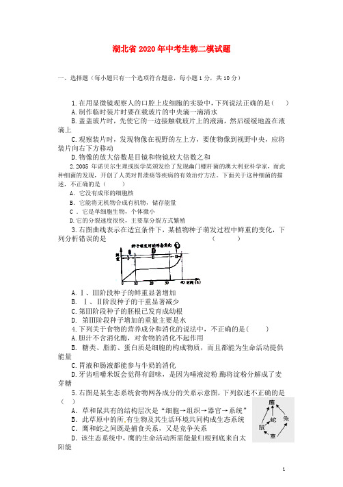 湖北省2020年中考生物二模试题