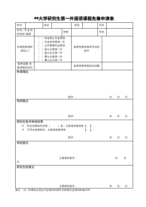 XX大学研究生第一外国语课程免修申请表【模板】