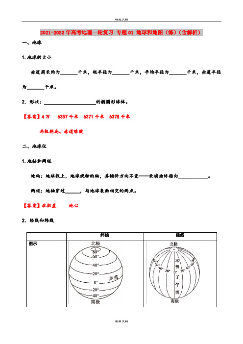 2021-2022年高考地理一轮复习 专题01 地球和地图(练)(含解析)