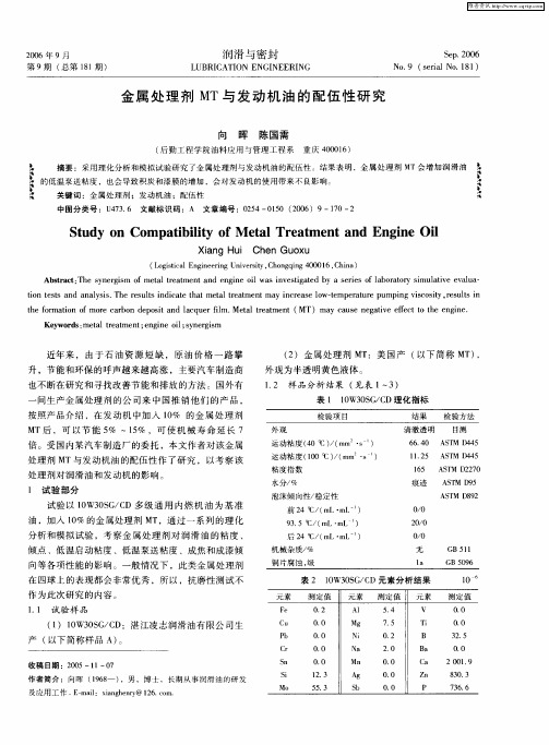 金属处理剂MT与发动机油的配伍性研究