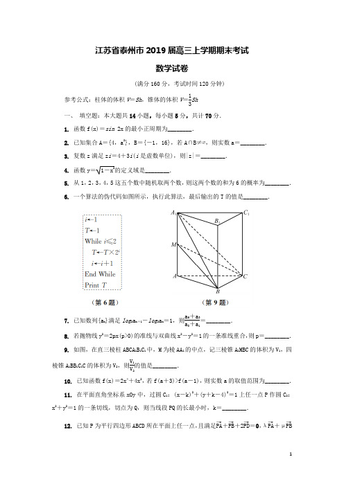 江苏省泰州市2019届高三数学上学期期末考试试卷(含答案)