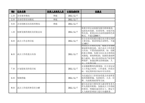 创新性企业任务计划分解表