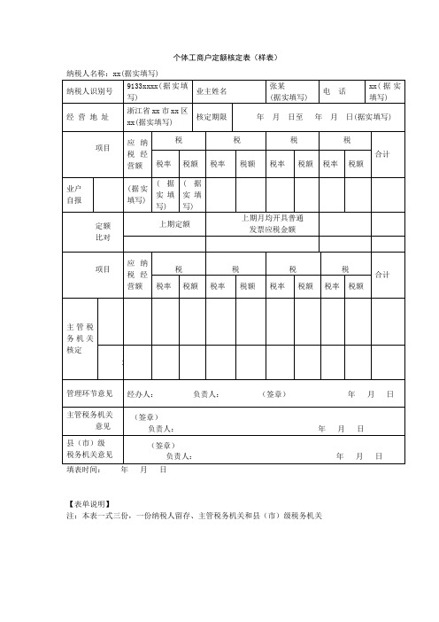 个体工商户定额核定表样表