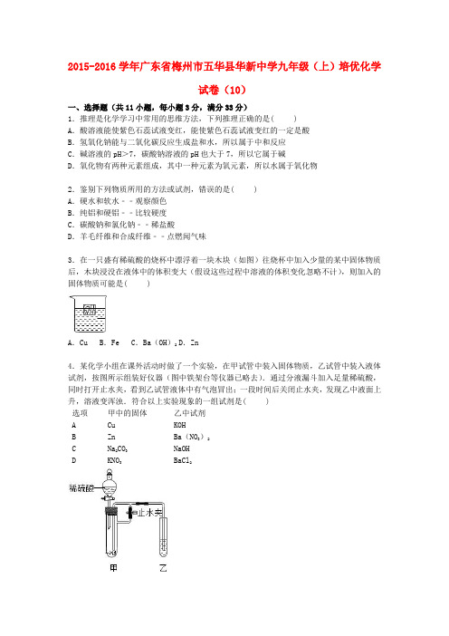 广东省梅州市五华县华新中学2016届九年级化学上学期培优试题(10)(含解析)新人教版