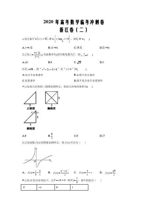 2020年高考数学临考冲刺卷 浙江卷(二)word版