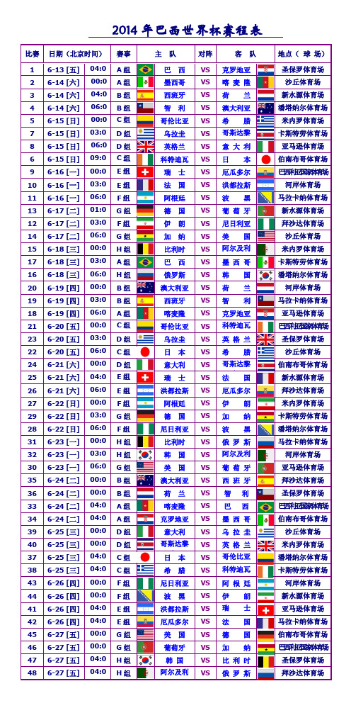 2014世界杯赛程表