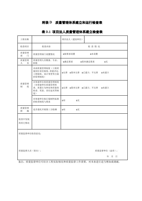 水利工程质量管理体系建立和运行检查表