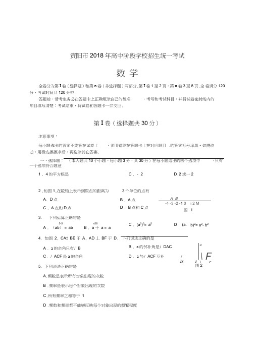 资阳市2018年高中阶段学校招生统一考试数学试题及答案