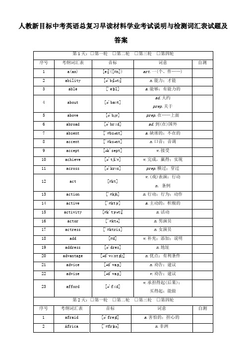 人教新目标中考英语总复习早读材料学业考试说明与检测词汇表试题及答案