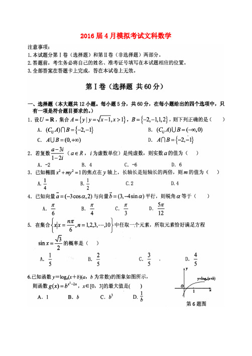 河北省邯郸市大名县2016届高三数学4月模拟考试试题 文(扫描版)