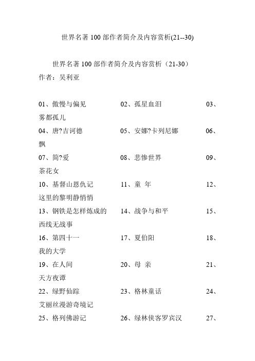 世界名著100部作者简介及内容赏析(21--30)