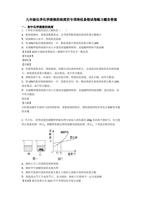 九年级化学化学溶液的浓度的专项培优易错试卷练习题含答案